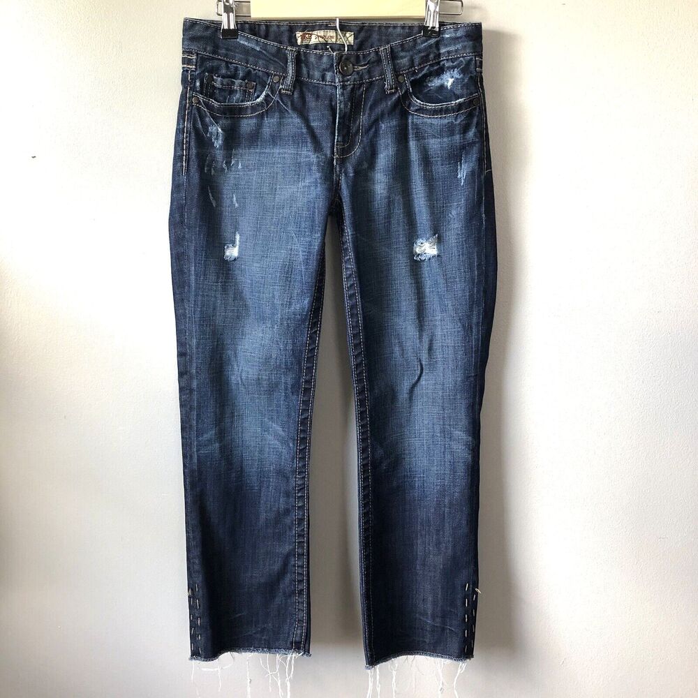 BKE Starlite Jeans Womens 28 Low Rise Cropped Distressed Embellished Pocket Boho